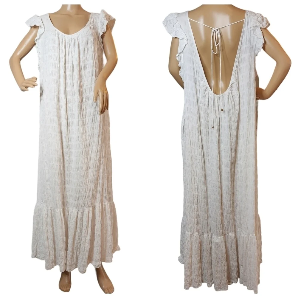 Free People Size Medium Oversized‎ Cotton White Maxi Dress Pockets Stretch